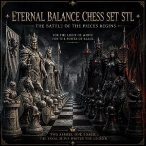 Puede incluir: Ilustración digital de un juego de ajedrez con temática de fantasía. Las piezas del ajedrez están diseñadas como figuras medievales, con el texto "ETERNAL BALANCE CHESS SET STL" en la parte superior. La imagen incluye el texto "THE BATTLE OF THE PIECES BEGINS".