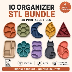 May include: A digital bundle of 10 organiser STL files for 3D printing. The image displays ten distinct tray designs in various colours and shapes, including a cat, a leaf, a moon, a flower, and geometric forms, labelled as a digital product.