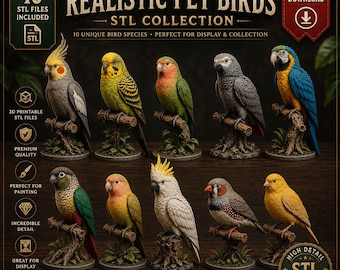 Realistic Pet Birds STL Bundle | 10 Bird Species 3D Print Files | Parrot, Cockatiel, Budgie, Macaw, African Grey | Digital Download