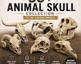 50+ Animal Skull STL Bundle, Animal Skull Collection, 3D Printable Skull Models, Bull Ram Primate Sabertooth Skull STL, Instant Download