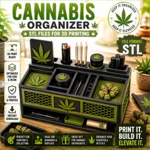 Puede incluir: Un organizador impreso en 3D de color negro y verde oliva con un patrón de panal y motivos de hojas de cannabis. La unidad incluye compartimentos para un encendedor, artículos preenrollados, un molinillo y herramientas, con el texto CANNABIS ORGANIZER.