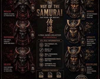 6 Samurai Wandmasken STL Bundle | Oni Dämon & Ehren-Samurai | 3D Druckbare Japanische Wandkunst | STL-Dateien für Resin - FDM