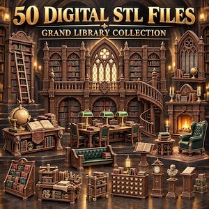 Bundel met 50 Grand Gothic bibliotheek STL-bestanden, 3D-printbare boekenplanken, meubeldecoratie, fantasievolle leeshoekjes miniaturen