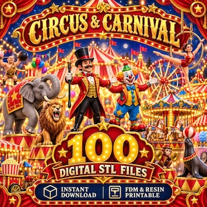 Könnte beinhalten: Eine digitale Sammlung von 100 STL-Dateien zum Thema Zirkus und Jahrmarkt für FDM- und Harzdruck. Die Grafik zeigt einen Zirkusdirektor, einen Clown, einen Elefanten, einen Löwen, eine Robbe und einen Trapezkünstler vor einer beleuchteten Kulisse.