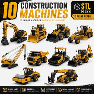 Könnte beinhalten: Eine digitale Sammlung von 10 gelben Baumaschinen, darunter ein Bagger, eine Planierraupe, ein Radlader, ein Grader, ein Kran, ein Muldenkipper, ein Fertiger, ein Baggerlader, eine Straßenwalze und ein Teleskoplader als STL-Dateien.