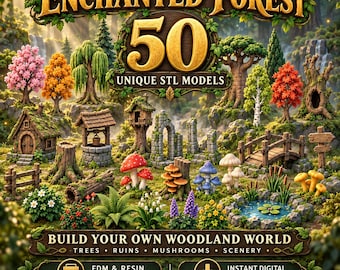 50 Enchanted Forest STL Bundle Fantasy Woodland Scenery,Trees Mushrooms Ruins 3D Print Files,FDM Resin Printable Miniatures Digital Download