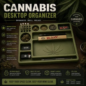 Puede incluir: Organizador de escritorio de cannabis verde con m&uacute;ltiples compartimentos, un dise&ntilde;o de hoja de cannabis y el texto "CANNABIS DESKTOP ORGANIZER". Incluye espacio para accesorios.