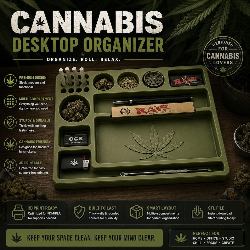 Puede incluir: Organizador de escritorio de cannabis verde con m&uacute;ltiples compartimentos, un dise&ntilde;o de hoja de cannabis y el texto "CANNABIS DESKTOP ORGANIZER". Incluye espacio para accesorios.