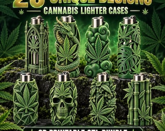 20 Cannabis Lighter Case STL Bundle, 3D Printable Lighter Sleeve Designs, Gothic Dragon Skull Leaf Holder, Instant Download