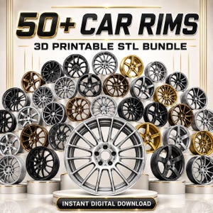 Puede incluir: Una colección de varios diseños de llantas de coche expuestos en pedestales escalonados. El texto dice 50+ CAR RIMS 3D PRINTABLE STL BUNDLE e INSTANT DIGITAL DOWNLOAD. Las llantas presentan diversos patrones de radios y acabados en plata, negro, oro y bronce.