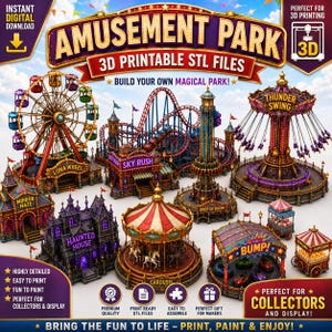 Op de afbeelding: Een verzameling 3D-printbare STL-bestanden voor een pretpark, met miniatuurmodellen van een reuzenrad, achtbaan, vrijevaltoren, zweefmolen, spookhuis, spiegeldoolhof, draaimolen, botsauto's en diverse eetkraampjes voor 3D-printprojecten.