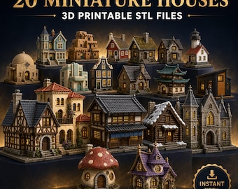 20 Miniature Houses STL Bundle, Fantasy Village Buildings, 3D Printable House Models, Medieval Architecture, Instant Download
