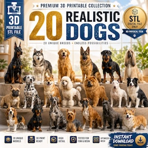 Könnte beinhalten: Eine digitale Sammlung von 20 realistischen Hundemodellen für den 3D-Druck, die verschiedene Rassen wie Dobermann, Husky, Golden Retriever, Deutscher Schäferhund, Rottweiler, Afghanischer Windhund, Dalmatiner und Pudel zeigt.