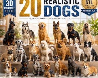 May include: A digital collection of 20 realistic dog models for 3D printing, featuring various breeds including a Doberman, Husky, Golden Retriever, German Shepherd, Rottweiler, Afghan Hound, Dalmatian, Poodle, and others in a studio display.