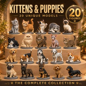 May include: A collection of 20 miniature animal figures titled KITTENS & PUPPIES, featuring various breeds of cats and dogs displayed on a tiered wooden stand. Each figure stands on a small circular base, showcasing detailed fur textures and poses.