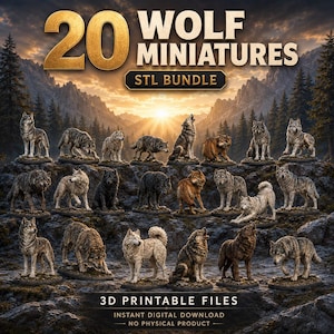 May include: A digital collection of 20 wolf miniatures in an STL bundle for 3D printing. The image displays various wolf figures in different poses, including standing, sitting, and howling, with fur colors ranging from grey and brown to white and black.