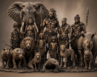 Pacchetto STL del Clan Selvaggio – Set diorama di guerrieri tribali per stampa 3D / Miniature fantasy in resina / Elefante Leone Rinoceronte Komodo Ghepardo Iena