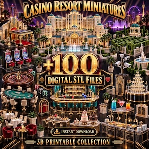 Può includere: Una collezione digitale di 100 file STL per la stampa 3D di miniature di un resort casinò. Il set include modelli di slot machine, una roulette, un tavolo da blackjack, un bar, una torre di champagne, tavoli da pranzo e un edificio resort.