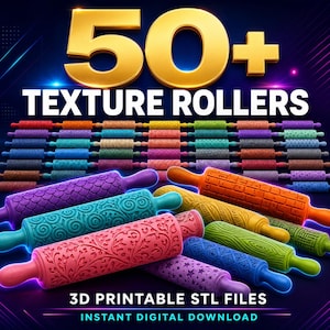 Puede incluir: Una colección de más de 50 rodillos de textura coloridos para impresión 3D, con varios patrones en relieve como diseños florales, geométricos y de vetas de madera. La imagen muestra el texto 50+ TEXTURE ROLLERS y 3D PRINTABLE STL FILES.