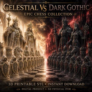 天界対暗黒ゴシックチェスセットSTLファイル、ファンタジーチェスアーミー、3Dプリント可能な中世チェスの駒、デジタルダウンロード