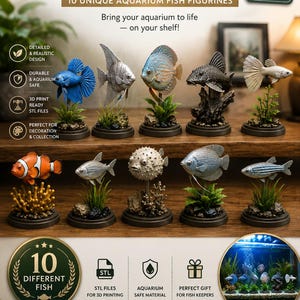 May include: A collection of 10 aquarium fish figurines featuring various species including a blue betta, angelfish, discus, and clownfish. Each figurine is mounted on a circular base with aquatic plants and rocks, designed for 3D printing and display.