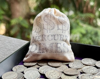 90% Silver Mercury Dimes in Hand-Stamped Canvas Bank Bag (10, 20, or 40 Coins)