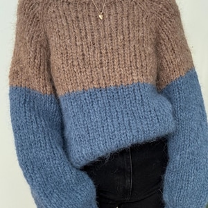 Peut inclure: Un pull bicolore en tricot douillet. La moitié supérieure est marron chaud, tandis que la moitié inférieure et les manches sont bleu clair. Le pull a une encolure ronde et des manches longues, parfait pour les journées fraîches.