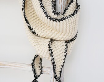Hand Knitted Chunky Wool Scarf with Tweed Tassels