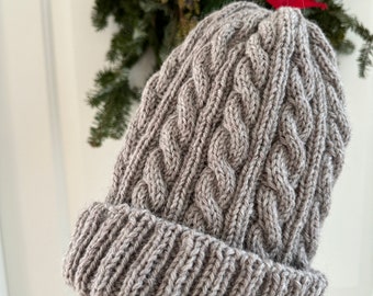 Hand Knit Cable Beanie 100% Wool Winter Hat