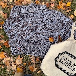 Puede incluir: Un suéter tejido a mano en tonos azules y marrones, sobre hojas de otoño caídas. Una bolsa de mano crema con el texto "Dille & Kamille" está junto al suéter. El suéter está hecho de hilo grueso.