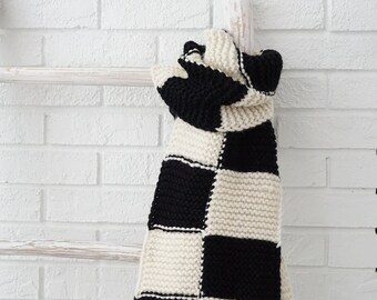 Hand-Knit Wool Scarf: Oversized Black and White Checkerboard