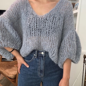 May include: A light blue, open-knit sweater with a V-neck and voluminous sleeves. The sweater is paired with dark wash blue jeans. The overall style is casual and comfortable, suitable for everyday wear.