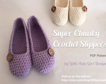 May include: A pair of purple crochet slippers with wooden buttons. The slippers are made with a chunky yarn and have a simple, elegant design. Super Chunky Crochet Slippers PDF Pattern by Little Asia Girl Design. Visit us on the web at: http://etsy.com/shop/littleasiagirl