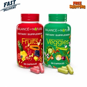 May include: Two bottles of Balance of Nature dietary supplements. One red bottle labeled "Fruits" and the other green bottle labeled "Veggies". Each bottle contains 90 capsules. The image also includes the text "Fast Delivery" and "Free Shipping".