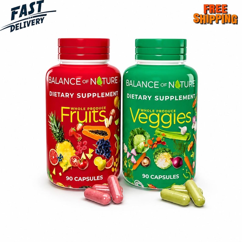 May include: Two bottles of Balance of Nature dietary supplements. One red bottle labeled "Fruits" and the other green bottle labeled "Veggies". Each bottle contains 90 capsules. The image also includes the text "Fast Delivery" and "Free Shipping".