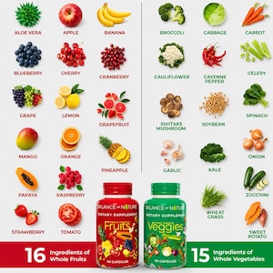 May include: A colorful image showcasing various fruits and vegetables, including apples, bananas, broccoli, and carrots. Two supplement bottles are featured, one red labeled "Fruits" and one green labeled "Veggies". The image also includes the text "16 Ingredients of Whole Fruits" and "15 Ingredients of Whole Vegetables".