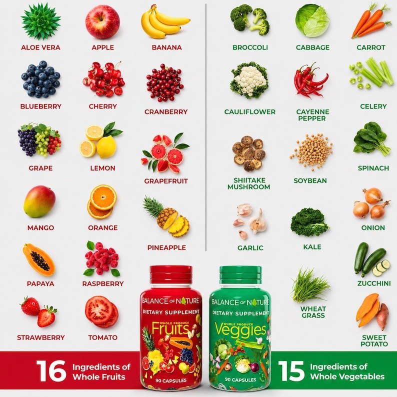 May include: A colorful image showcasing various fruits and vegetables, including apples, bananas, broccoli, and carrots. Two supplement bottles are featured, one red labeled "Fruits" and one green labeled "Veggies". The image also includes the text "16 Ingredients of Whole Fruits" and "15 Ingredients of Whole Vegetables".
