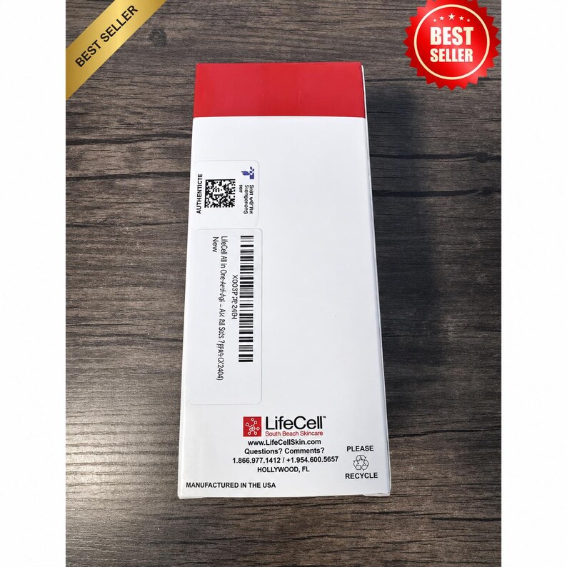 May include: A white and red LifeCell skincare product box with the text "BEST SELLER" and "AUTHENTIC". The box includes product information, a barcode, and the LifeCell logo. The box is manufactured in the USA.