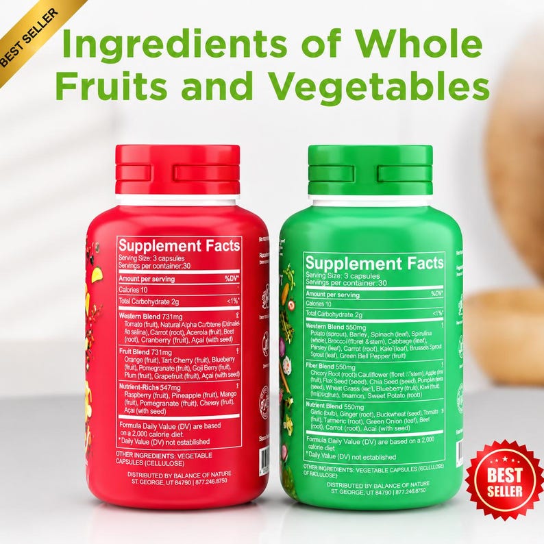 May include: Two supplement bottles, one red and one green, with labels listing ingredients of fruits and vegetables. The red bottle has a "Best Seller" sticker and details the supplement facts, including serving size and ingredients.