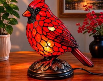 Vintage Cardinal Stained Glass Lamp | Red Bird Night Light, Rustic Decor