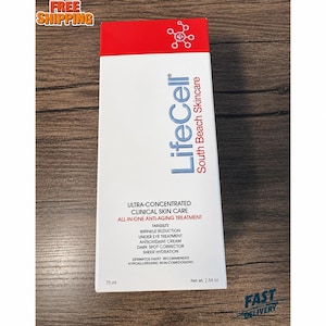 May include: A white and red box of LifeCell South Beach Skincare. The box features the brand name in blue, with text detailing the product's benefits, including wrinkle reduction and dark spot correction. The box contains 75 ml, and the net weight is 2.54 oz.