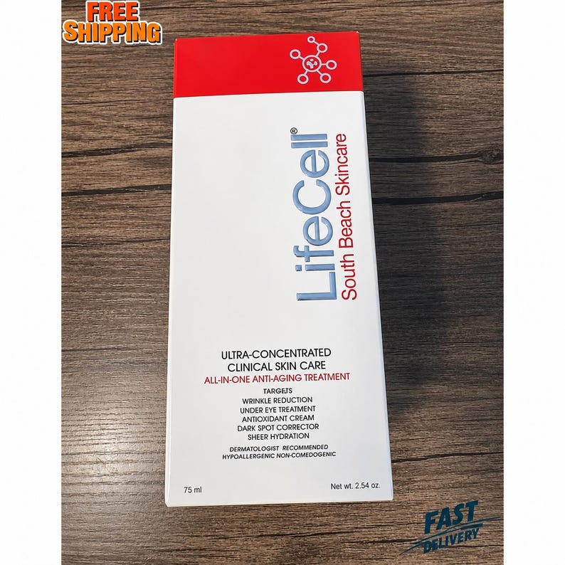 May include: A white and red box of LifeCell South Beach Skincare. The box features the brand name in blue, with text detailing the product's benefits, including wrinkle reduction and dark spot correction. The box contains 75 ml, and the net weight is 2.54 oz.