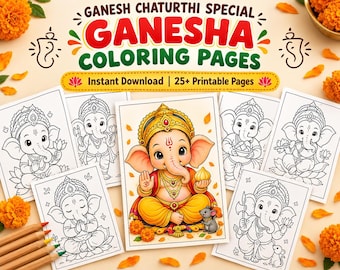 Ganesh Chaturthi Coloring Pages for Kids, Baby Ganesha Printable Coloring Book, Hindu Festival Activity Sheets, Instant PDF Download