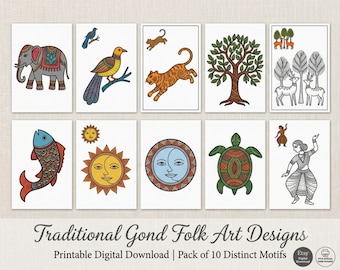 Libro para colorear de arte Gond: páginas imprimibles de arte folclórico indio en PDF para niños y adultos.