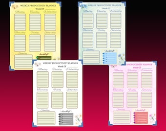 Planificador semanal sin fecha en formato PDF, descarga digital, minimalista, 4 colores, con líneas y sin líneas.