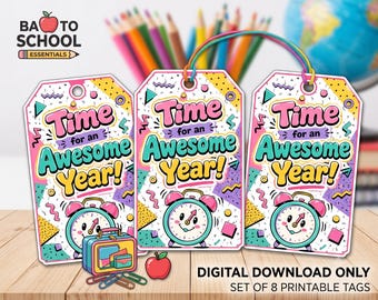 Etiquetas de bienvenida para estudiantes inspiradas en los años 90 para la vuelta al cole - Divertido diseño de despertador - Descarga instantánea