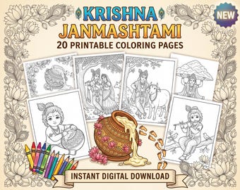 Libro para colorear Krishna Janmashtami, Bebé Krishna, Mandalas, Festival Hindú (Descarga digital)
