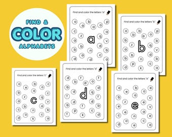 Hojas de trabajo de actividades para encontrar y colorear el alfabeto en formato PDF / Material imprimible para niños en edad preescolar para el reconocimiento de letras /