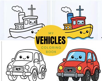 Libro para colorear de vehículos Kawaii para niños, páginas de actividades de transporte (descarga digital)