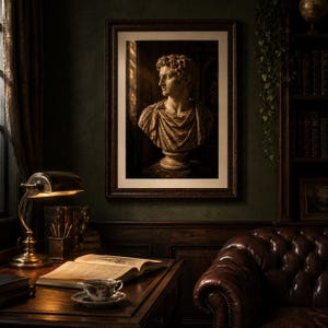May include: A framed wall art print depicting a classical stone bust of a person with curly hair, draped in a toga. The artwork is displayed in a dark, moody study featuring a leather sofa, a brass desk lamp, an open book, and a teacup.